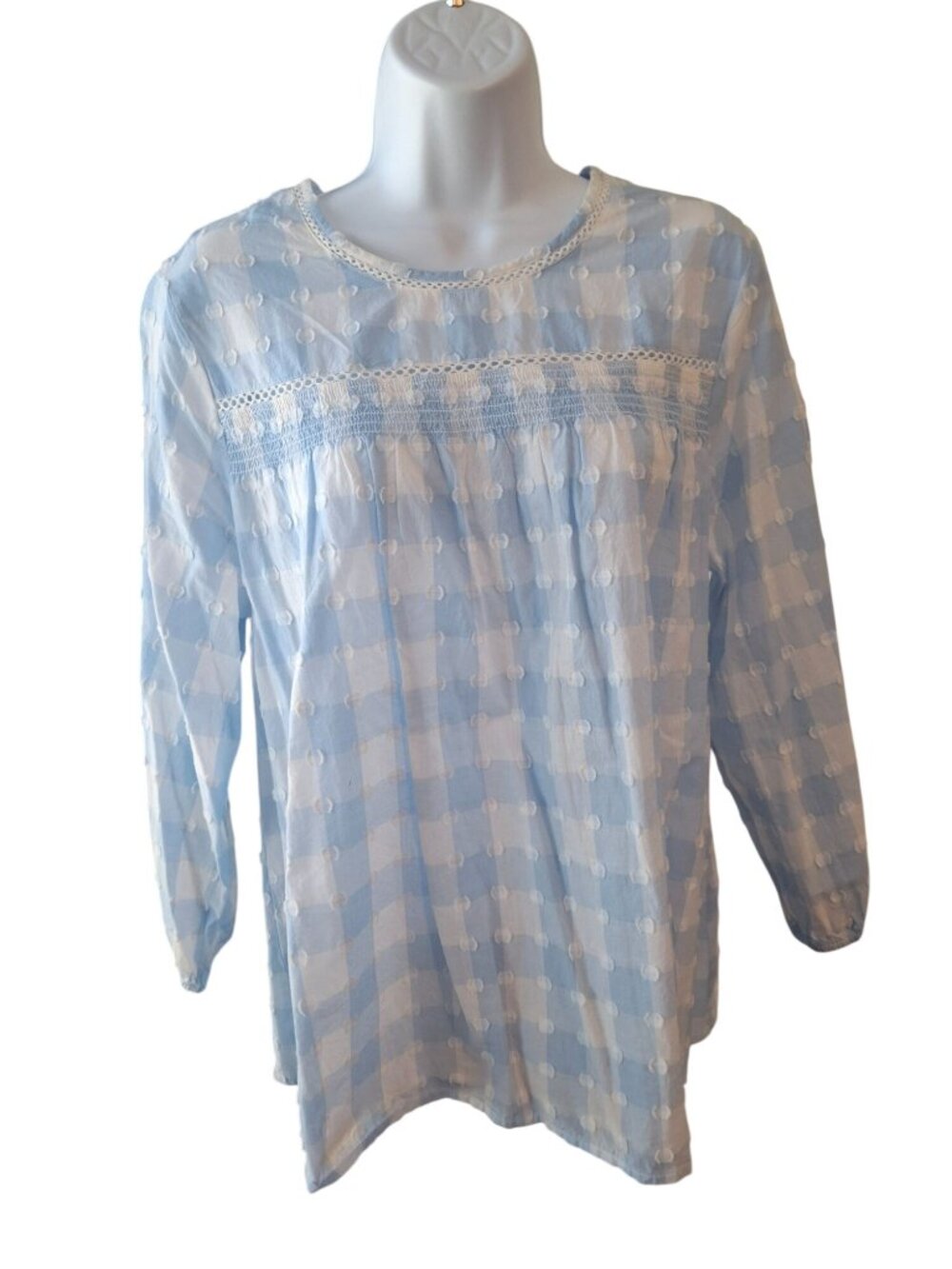 Crown & Ivy Womens M Blue Gingham Swiss Dot Blouse Cottagecore Smocked Cotton